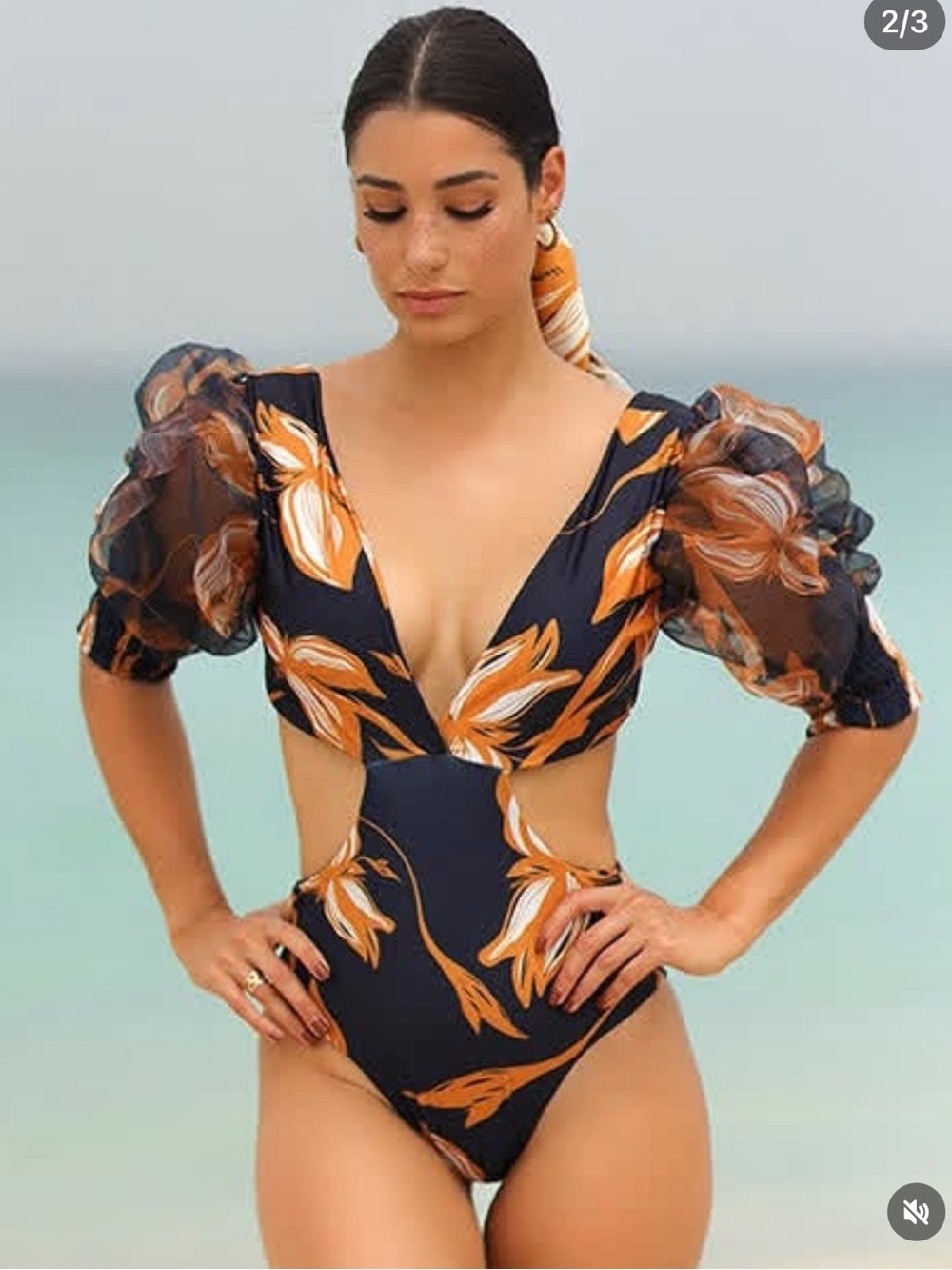 Praia Navy Floral Puff-Sleeve Cutout One-Piece Swimsuit
